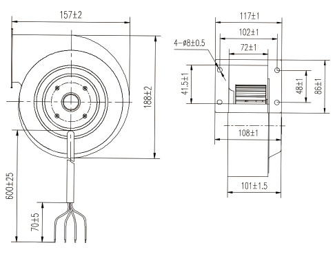 單進風前傾式蝸殼麻豆直播免费版YWFF120外形尺寸圖