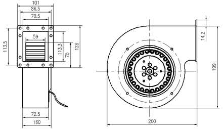 單進風前傾式蝸殼麻豆直播免费版YWFF140外形尺寸圖